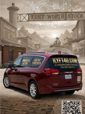 Maroon Chrysler Voyager Minivan with “I Lyft 4 U”